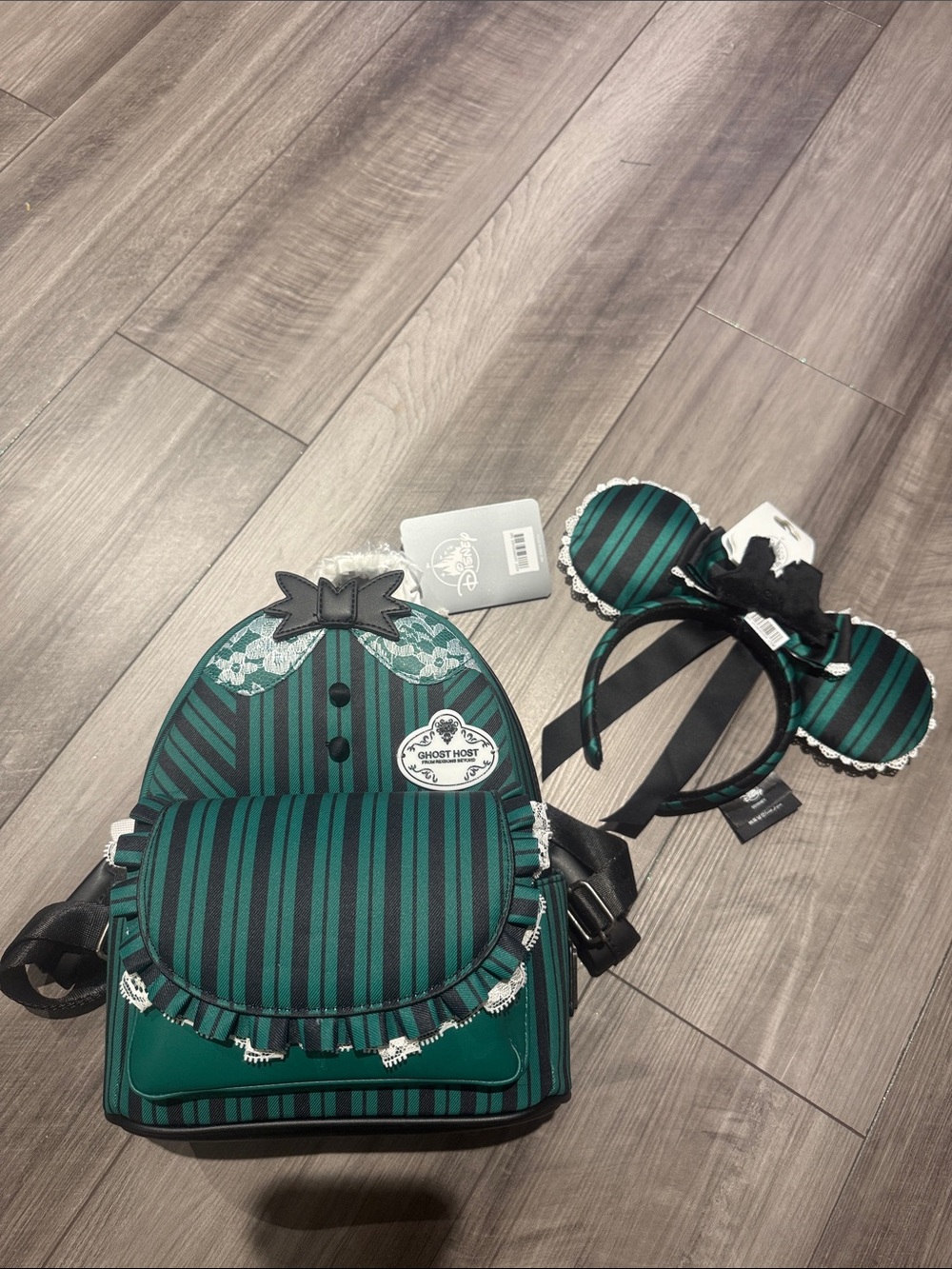 Loungefly Ghost Host Green and Black Striped Backpack with Matching Ear Headband